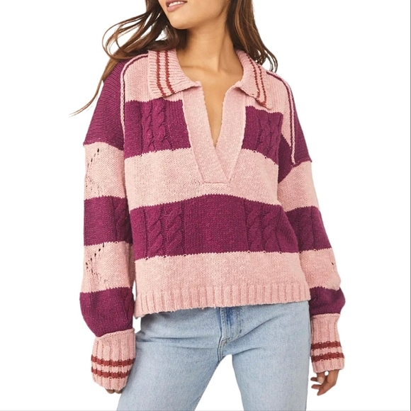 Free People Sweaters - FREE PEOPLE Pembrook Moody Pink Slouchy Oversized V Neck Long Sleeve Sweater